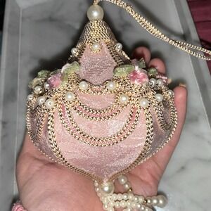 Vintage Victorian Push Pin Christmas Ornament Fabric Beaded Pink Rose Tassel